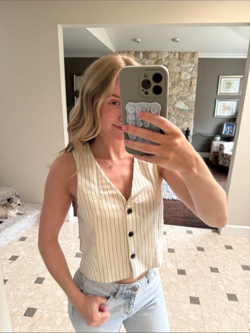H&M Cream Sleeveless Button-Front Pinstripe Top
